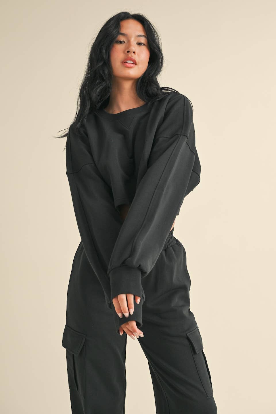 French Terry Oversized Crop Sweatshirt and Wide Leg Cargo Pa: Black / S