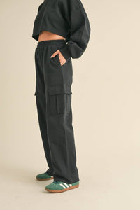 French Terry Oversized Crop Sweatshirt and Wide Leg Cargo Pa: Black / S