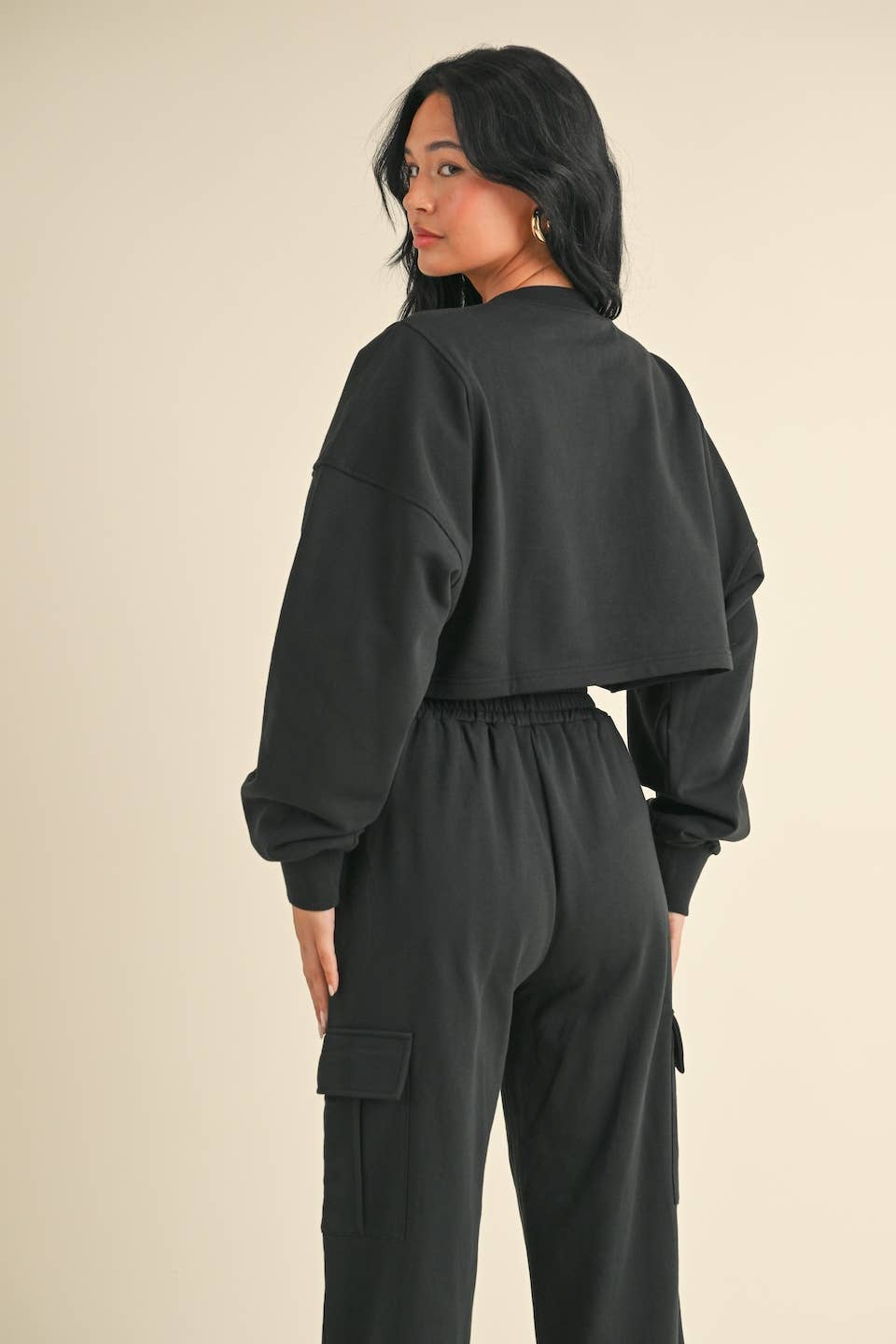 French Terry Oversized Crop Sweatshirt and Wide Leg Cargo Pa: Black / S