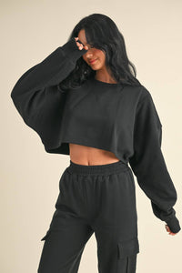 French Terry Oversized Crop Sweatshirt and Wide Leg Cargo Pa: Black / S