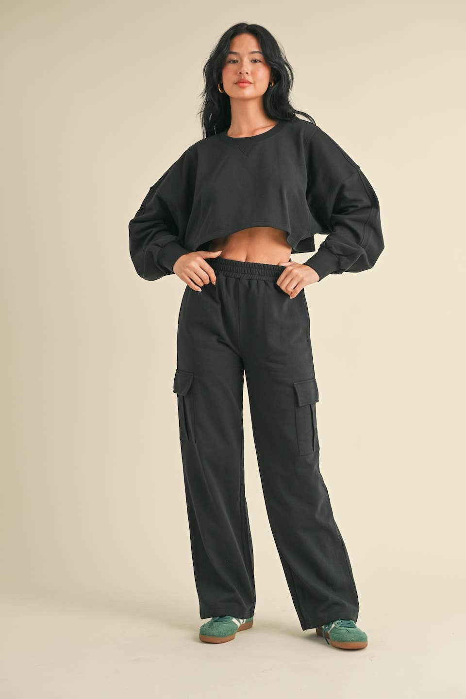 French Terry Oversized Crop Sweatshirt and Wide Leg Cargo Pa: Black / S