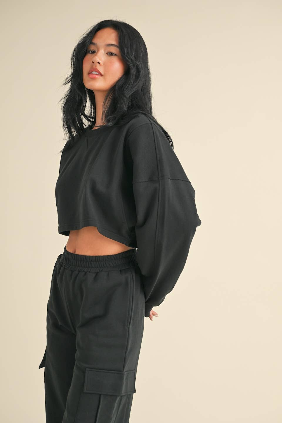 French Terry Oversized Crop Sweatshirt and Wide Leg Cargo Pa: Black / S