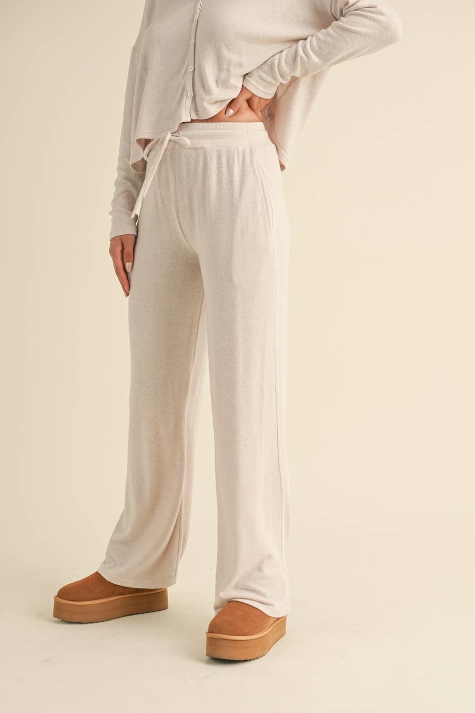 Soft Brushed Hacci Wide Leg Pants: Beige / M