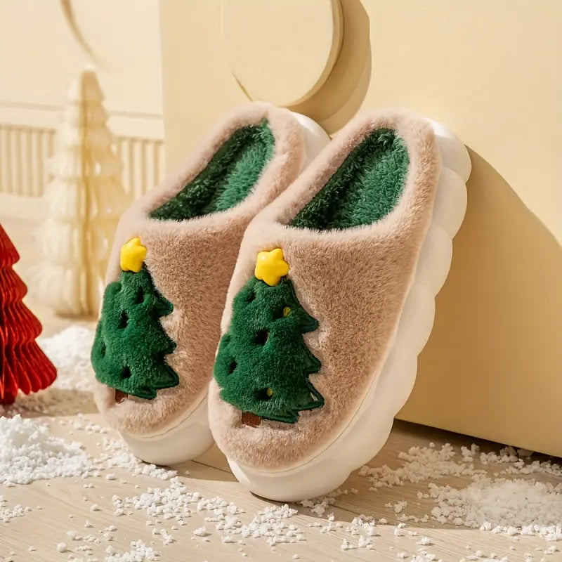 Fuzzy Christmas Tree Slippers