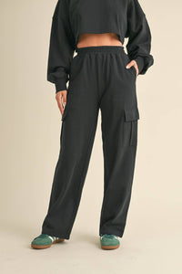 French Terry Oversized Crop Sweatshirt and Wide Leg Cargo Pa: Black / L