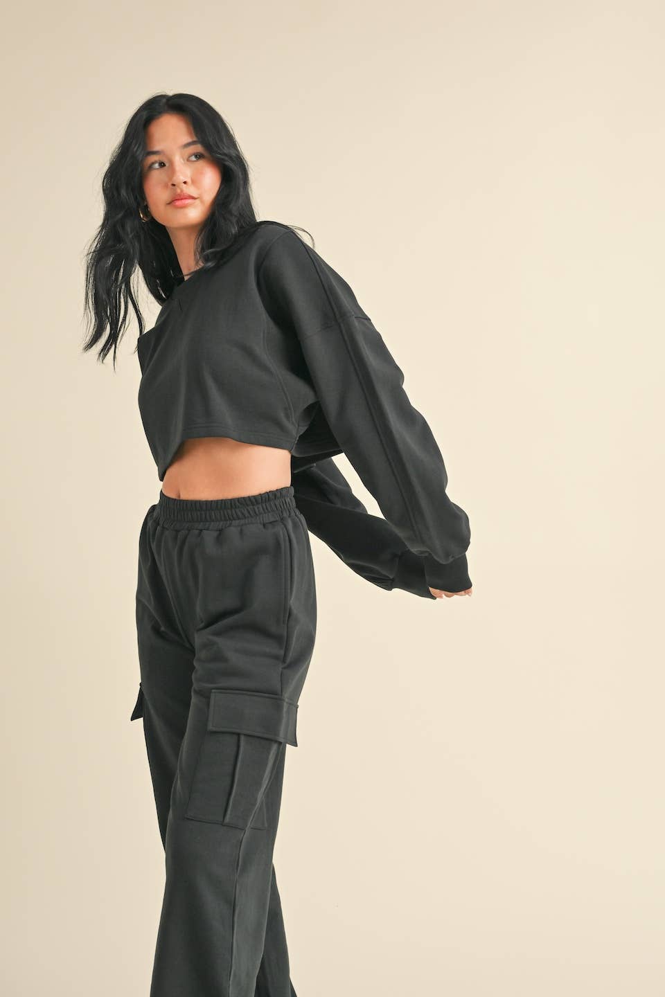 French Terry Oversized Crop Sweatshirt and Wide Leg Cargo Pa: Black / S