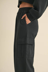 French Terry Oversized Crop Sweatshirt and Wide Leg Cargo Pa: Black / L