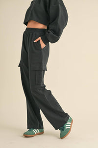 French Terry Oversized Crop Sweatshirt and Wide Leg Cargo Pa: Black / L