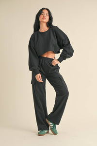 French Terry Oversized Crop Sweatshirt and Wide Leg Cargo Pa: Black / S