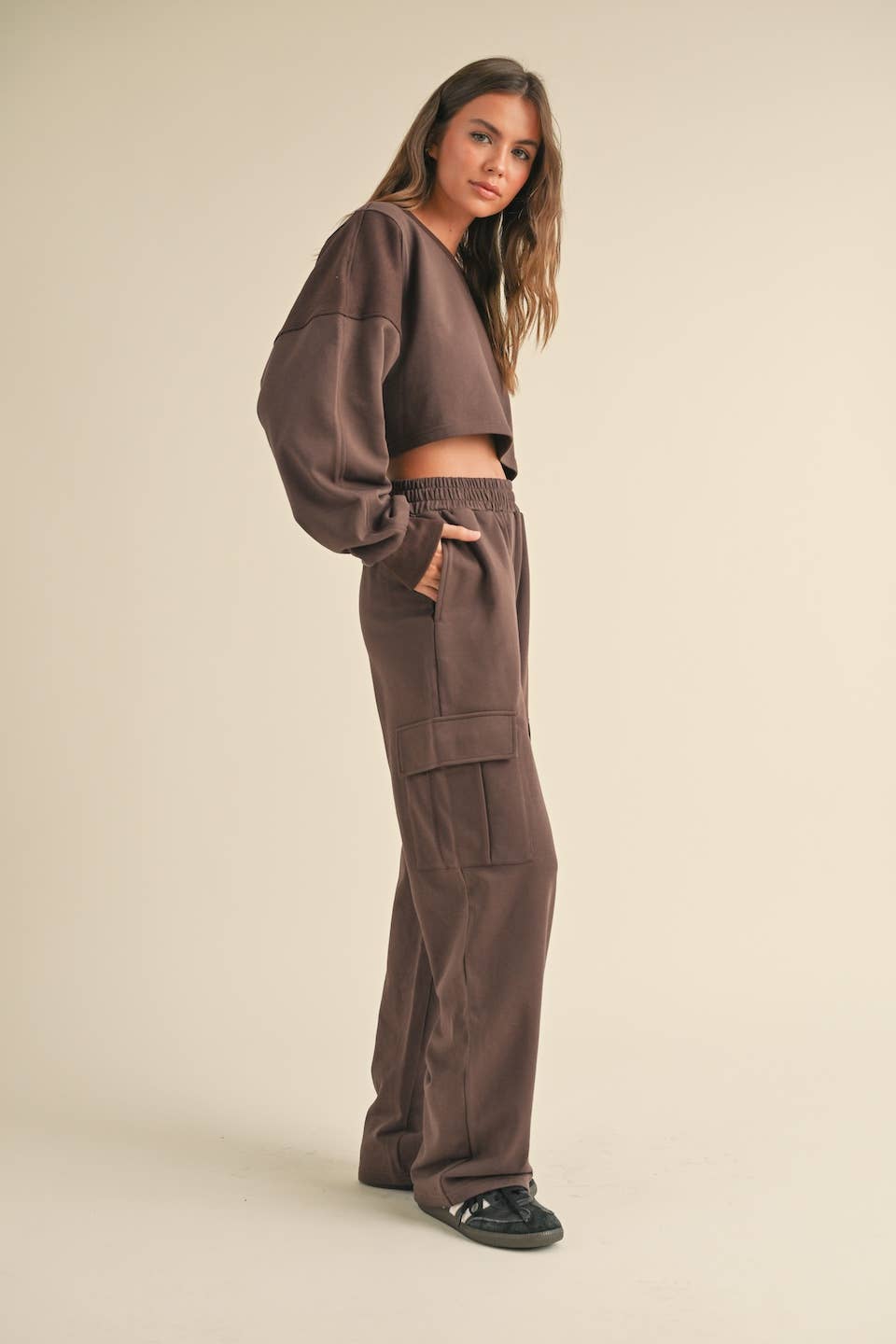 French Terry Oversized Crop Sweatshirt and Wide Leg Cargo Pa: Black / S