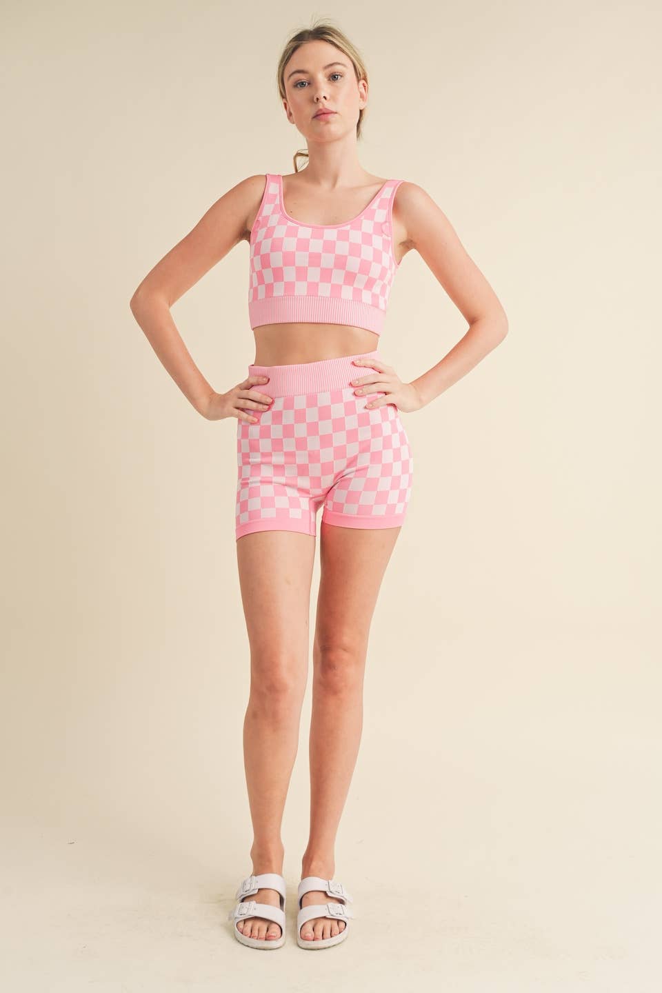 Checkmate Cropped Two Piece Set: Pink