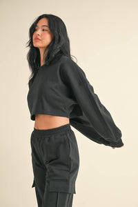 French Terry Oversized Crop Sweatshirt and Wide Leg Cargo Pa: Black / S