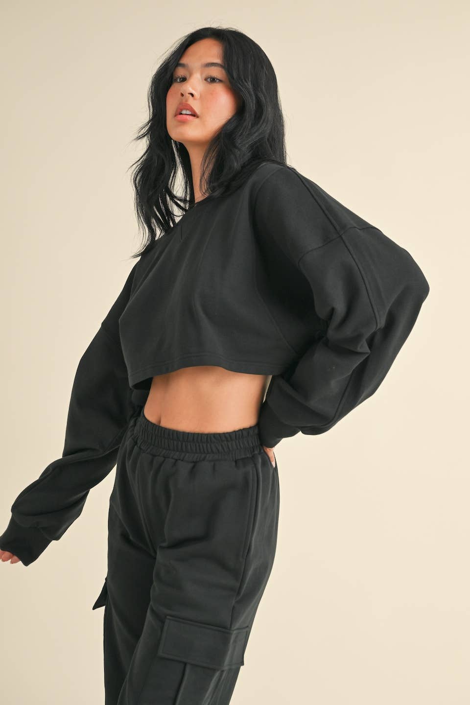 French Terry Oversized Crop Sweatshirt and Wide Leg Cargo Pa: Black / S