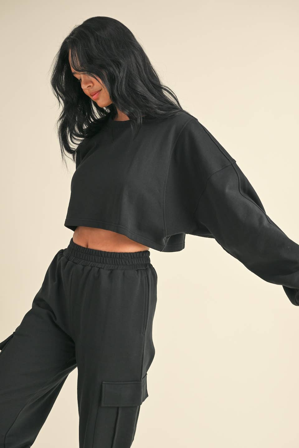 French Terry Oversized Crop Sweatshirt and Wide Leg Cargo Pa: Black / S