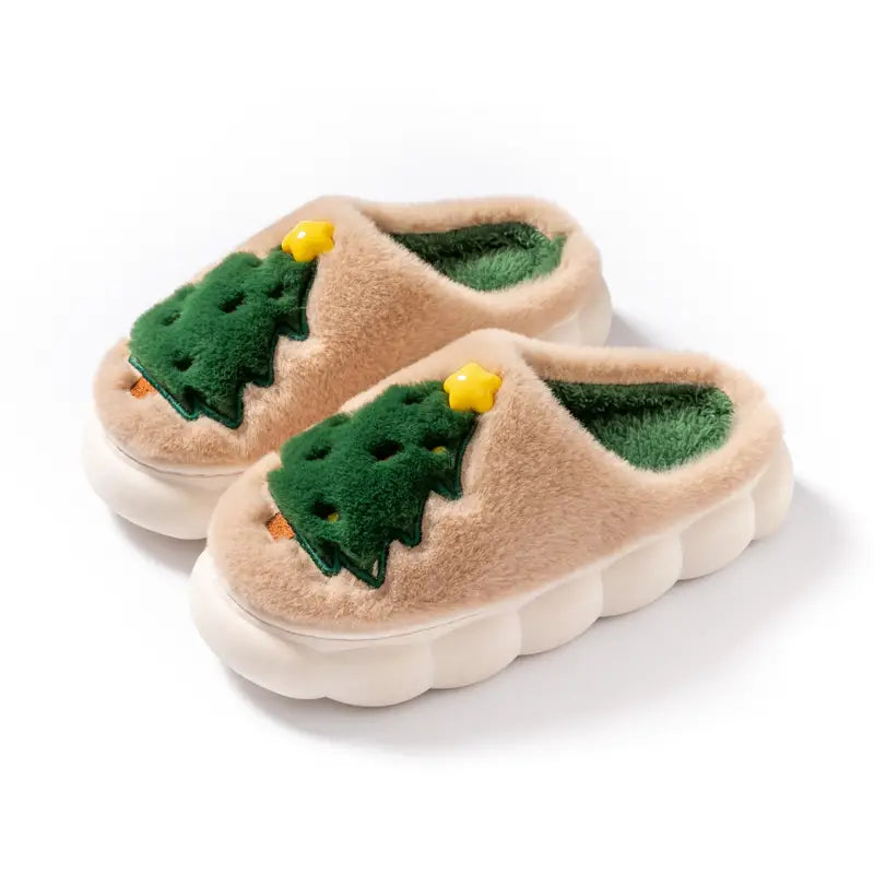 Fuzzy Christmas Tree Slippers