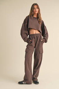 French Terry Oversized Crop Sweatshirt and Wide Leg Cargo Pa: Black / S